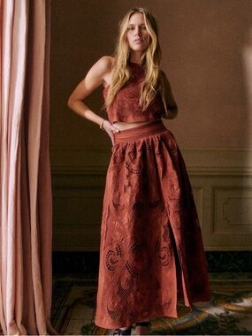 Sézane Editions Sophie Skirt Marron Brown Embroidered Lace Midi Skirt NWT US 8